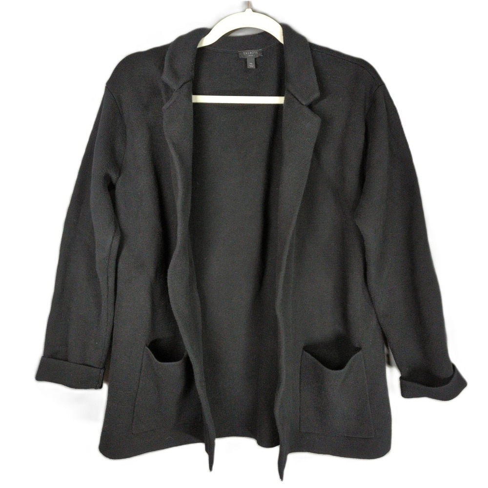 Talbots Sweater Blazer Womens Petite M Black Cotton Blend Open Front